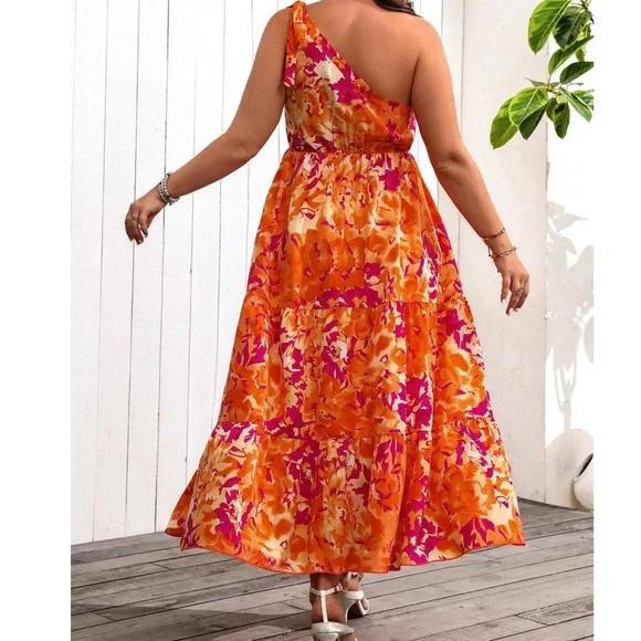Plus Floral Print One Shoulder Cottagecore Maxi Dress - Picture 5 of 5
